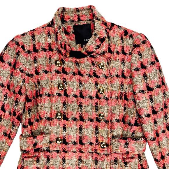 Liquid Wool Blend Tweed Long Coat Sz 2 Brown Orange Plaid Preppy Elegant PeaCoat - Picture 2 of 16